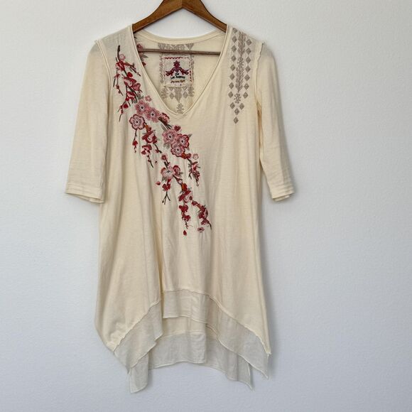 Johnny Was JW Los Angeles Tunic Shirt Womens XS Ivory Embroidered V Neck Boho - Picture 1 of 9